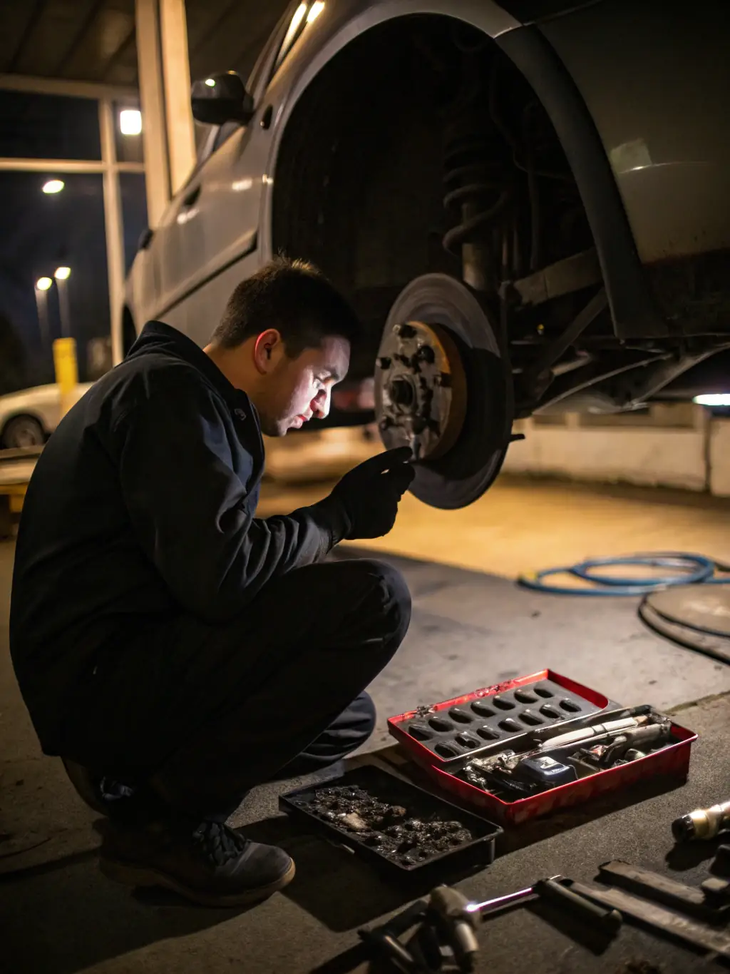 A technician inspecting brake pads and rotors during a brake service at Lesblakeley Enterprises.