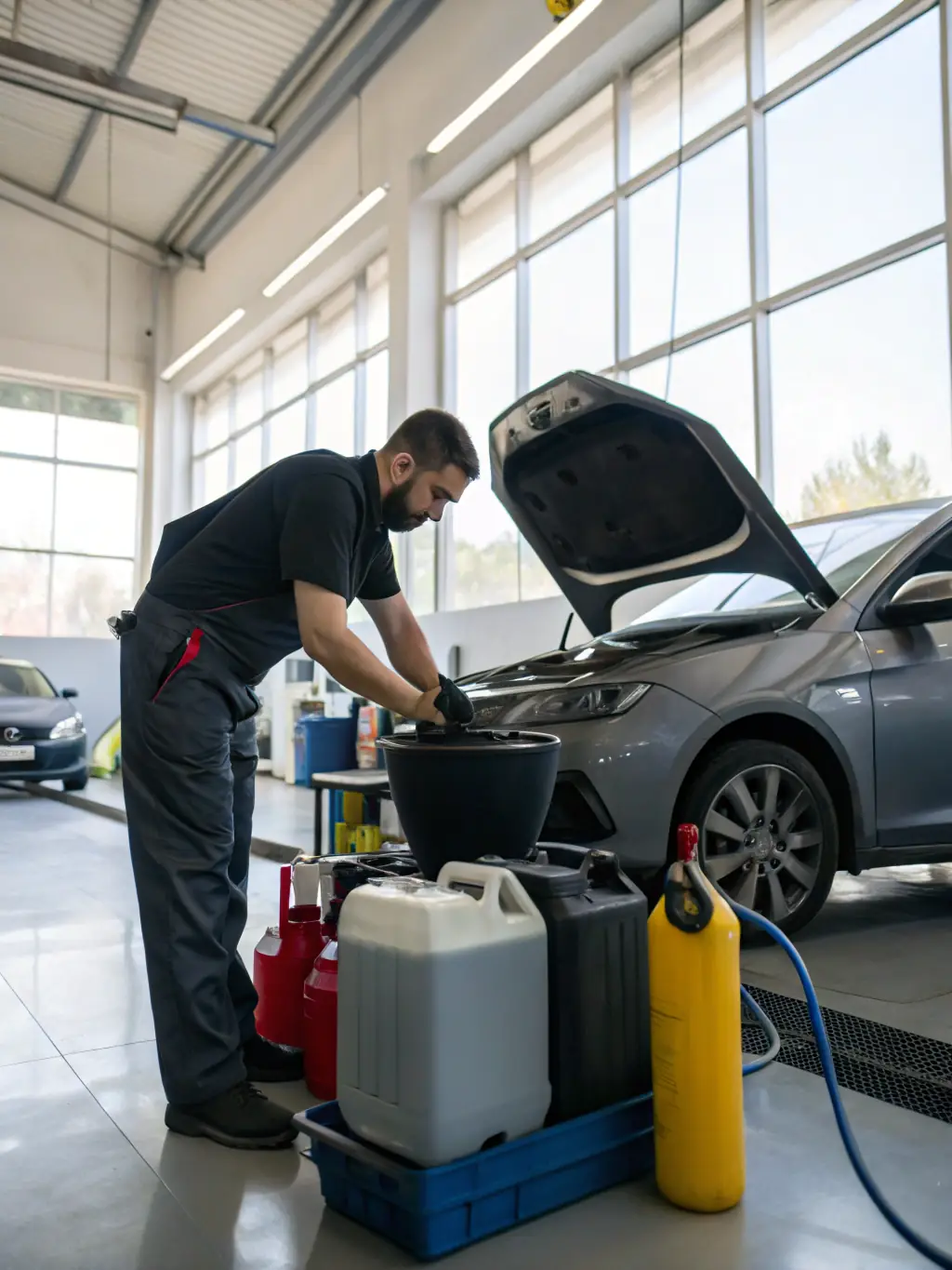 A close-up shot of a technician performing an oil change on a car, with the Lesblakeley Enterprises logo subtly visible in the background.