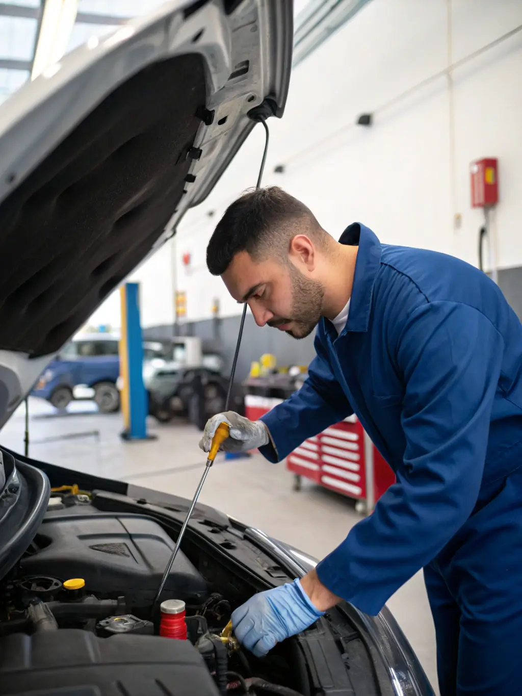 An image of a technician performing an oil change on a car in a well-equipped workshop, showcasing the routine maintenance service.
