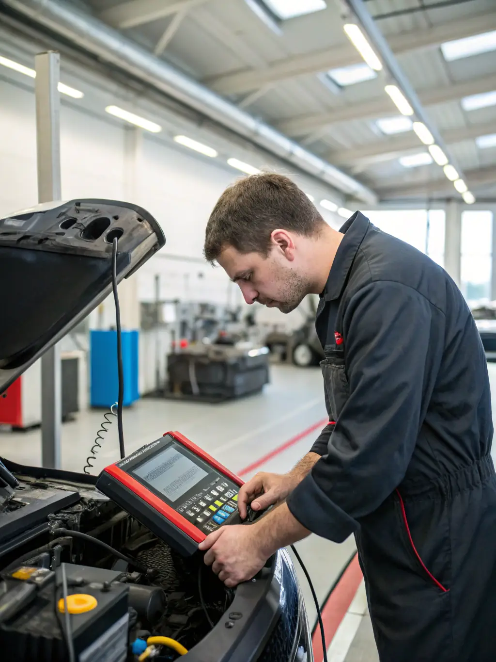 A mechanic inspecting an engine with diagnostic tools in a modern workshop, highlighting the engine repair service.