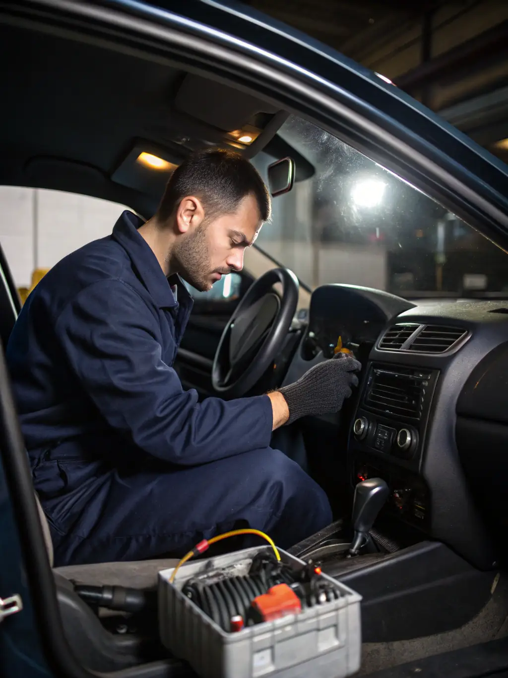 Image of a car's air conditioning system being serviced by a technician.
