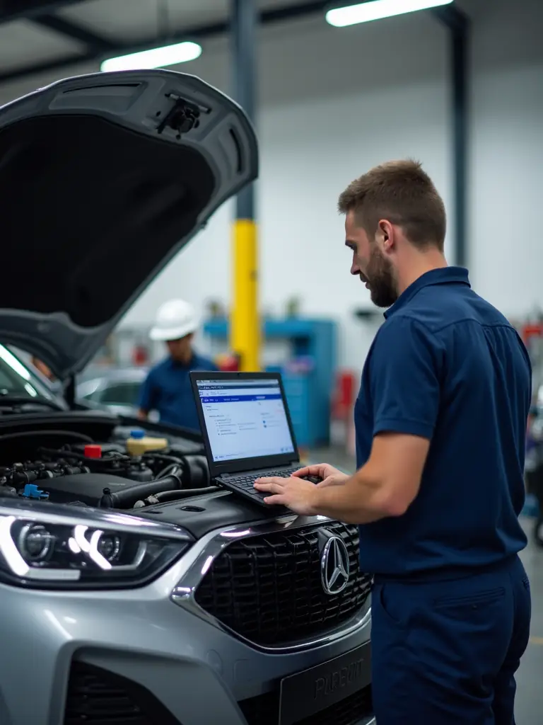 Technician using a computerized diagnostic scanner on a vehicle's dashboard, illustrating the diagnostics and electrical service.