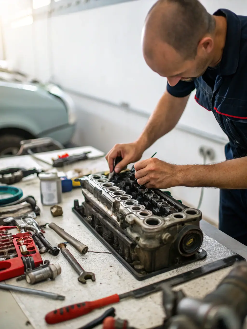 A mechanic working on an engine repair, with various tools and parts neatly organized around the workspace at Lesblakeley Enterprises.