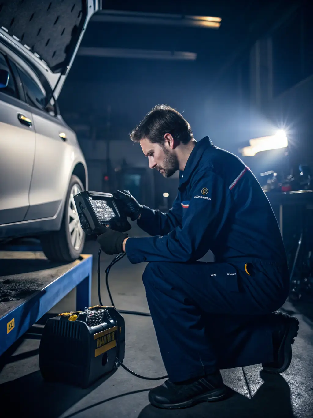 A mechanic using diagnostic equipment to troubleshoot an engine problem in a modern car at Lesblakeley Enterprises.